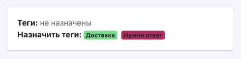Блок тегов в карточке беседы: пока теги не назначены, ниже доступны метки «Доставка» и «Нужен ответ». Названия заменены на пример.