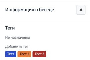 Начало панели «Информация о беседе»: теги пока не назначены, ниже доступны цветные кнопки для добавления.