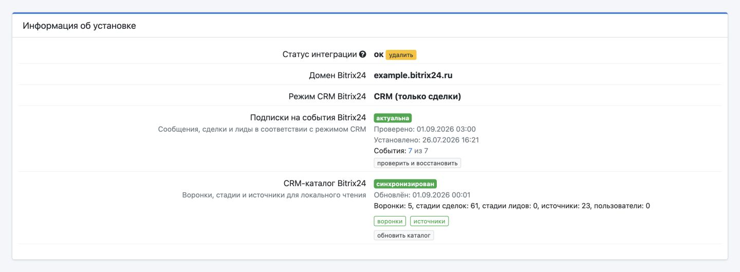 Проверка Битрикс24: статус «ок», режим CRM, актуальная подписка на события и синхронизированный CRM-каталог.