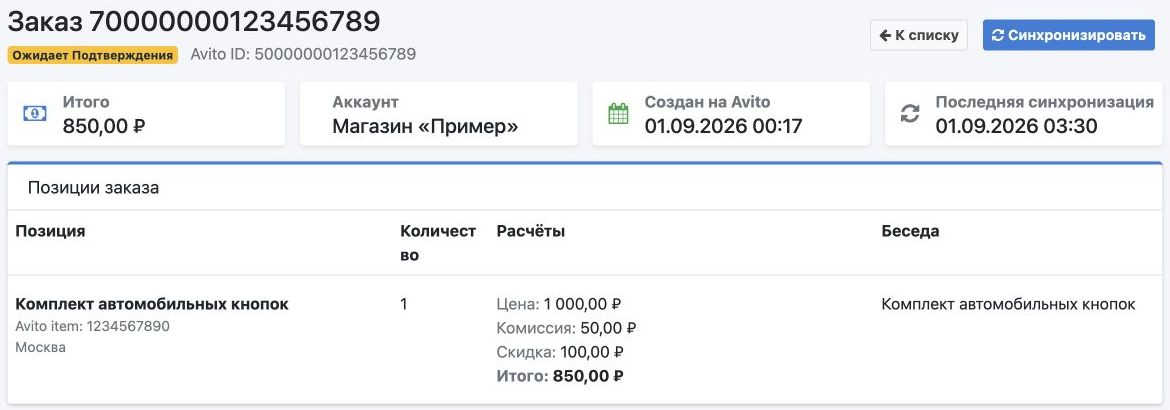 Верхняя часть карточки заказа: статус, сумма, аккаунт, даты и таблица позиций с расчётами и ссылкой на беседу.